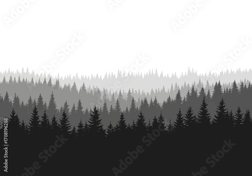 Vector art of a panoramic view of a dense forest with multiple layers of trees fading into a misty, hazy background, creating a sense of depth and atmosphere