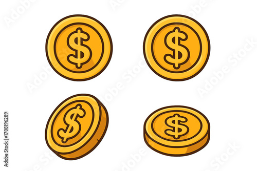 Gold coin icon set. Dollar money symbol. Finance and business sign. Vector cartoon illustration of currency, cash, payment, wealth, and savings. Isolated financial elements.