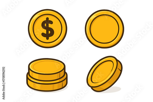 Gold coin icon set vector cartoon illustration. Money symbol for finance, cash, and currency. Includes dollar sign coin, blank coin, and stack. Isolated on transparent background.