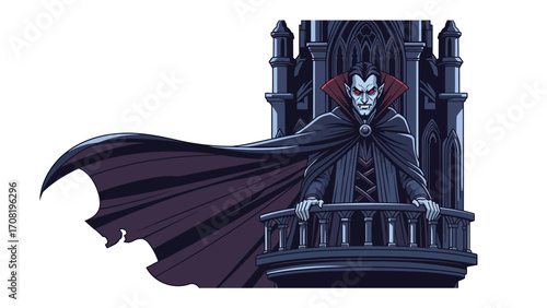 Count Dracula: A captivating illustration of a classic Count Dracula in his iconic attire, poised dramatically on a balcony, with piercing eyes and a mysterious aura. 