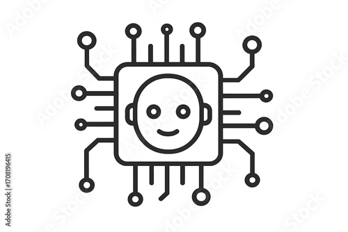 AI icon, artificial intelligence concept. Humanoid face in a CPU. Metaphor for machine learning, deep learning. Cyborg, android, robot head symbol. Bionic person processor.
