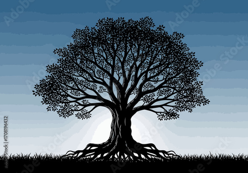 Vector art of stylized silhouette of a large, ancient tree with prominent roots and a radiant glow behind it, set against a gradient blue sky with horizontal lines