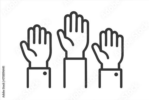 Hands raised up vector line icon. Concept of voting, volunteering, charity, and education. People asking questions or participating in a meeting. Democracy, election, auction.