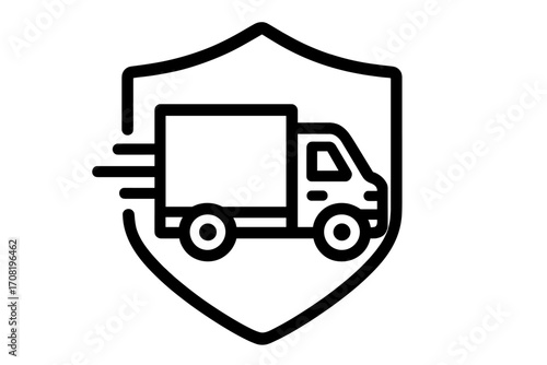 Safe delivery truck with shield icon. Fast shipping and transport insurance concept. Secure logistics service symbol. Freight protection and cargo guarantee vector logo.