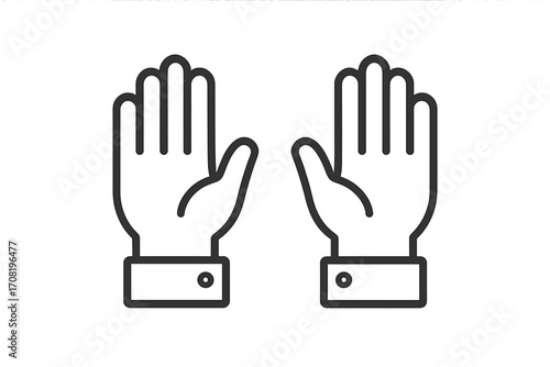 Two hands showing stop gesture. Open palms symbol for halt, warning, or rejection. Hold or wait sign. Protection and surrender concept. Minimal vector outline icon.