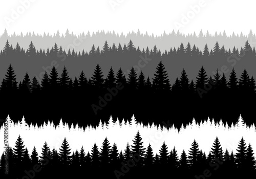 Vector art of seamless pattern of dark pine forest silhouette layers in varying shades of gray and black, creating a sense of depth and distance, perfect for naturethemed backgrounds and designs