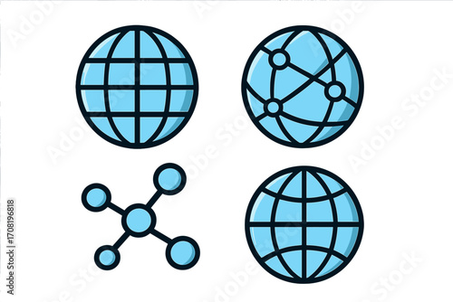 Globe icon set. Network symbol collection. Sphere sign vector illustration. Global communication and internet connection concept. Web, data, and technology icons for design.