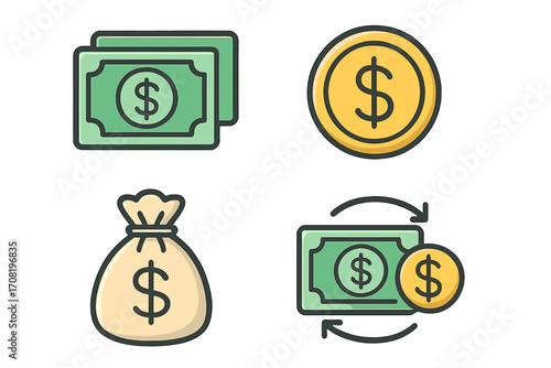 Money icon set vector. Cash dollar bill, coin, money bag, currency exchange symbols. Finance, payment, investment, savings concepts. Financial icons cartoon style.