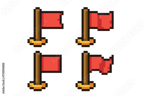 Pixel art red flag set. Checkpoint or finish line symbol for video games. 8-bit retro gaming sprite sheet asset. Waving flag animation frames. Vector location marker icon.