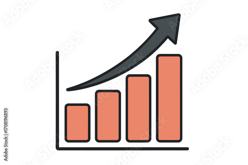 Growth chart icon. Bar graph with rising arrow. Business success, financial progress concept. Statistics diagram for data analysis. Vector cartoon illustration, symbol of improvement.