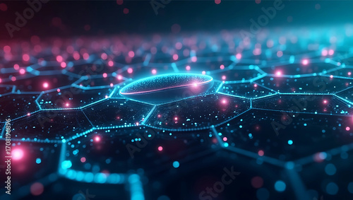 Glowing hexagonal data grid representing a futuristic technology network with flowing particles