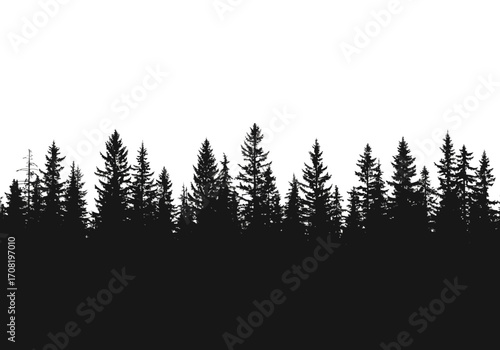 Vector art of dense forest silhouette of evergreen pine trees against a, creating a striking natural border for graphic design and environmental themes