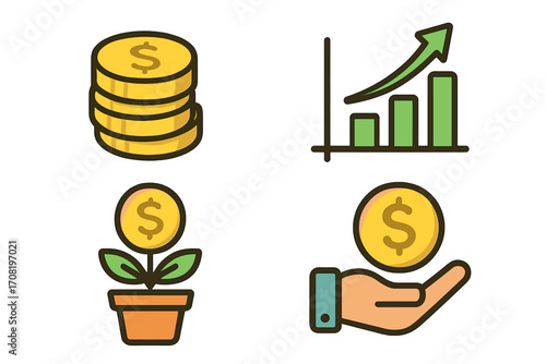 Finance and investment icon set. Vector cartoon illustration for business concepts. Money growth, savings, profit, and income symbols. Dollar coins, growing chart, and plant.
