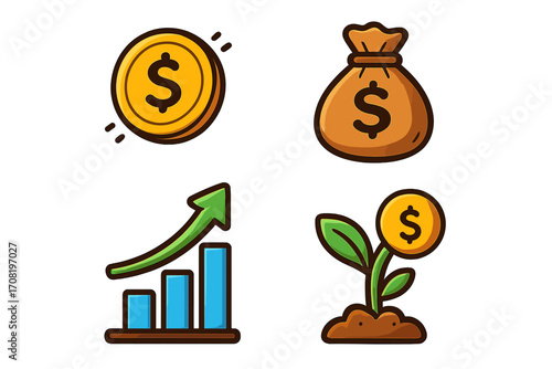 Investment icon set for finance and business. Cartoon vector symbols of money growth, profit, and savings. Includes dollar coin, money bag, rising chart, and plant sprout.