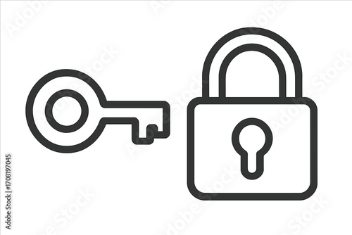 Key and lock outline icon. Simple line vector symbol for security, access, and privacy. Concept of safety, protection, and solution. Unlocking or locking pictogram for web design.