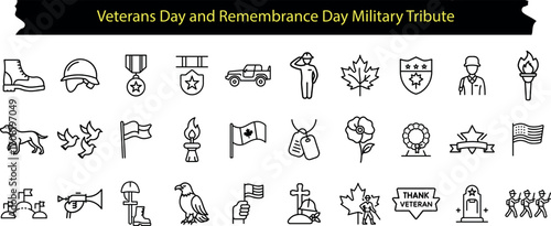 Collection of black outline icons symbolizing military service, remembrance, and patriotism for veterans day and remembrance day, isolated on transparent background