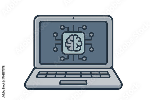 Artificial intelligence in laptop computer. AI digital brain, machine learning and neural network concept. Future technology, data science and robotics vector cartoon icon.