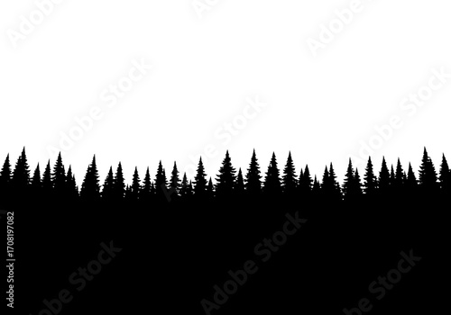 Vector art of silhouette of a dense forest of pine trees forming a horizontal border