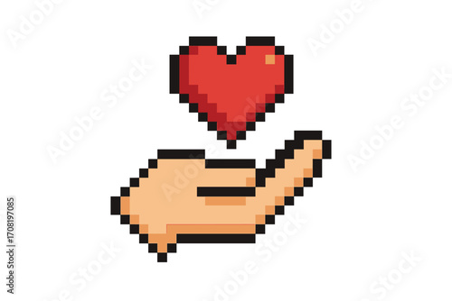 Hand giving heart pixel art. 8-bit game icon. Love, care, health, and donation concept. Charity, volunteer, life symbol. Retro gaming style vector for Valentine's day.