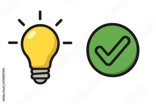 Good idea concept. Approved solution with light bulb and green check mark. Symbol for success, innovation, creativity, validation, verification. Correct choice cartoon vector.
