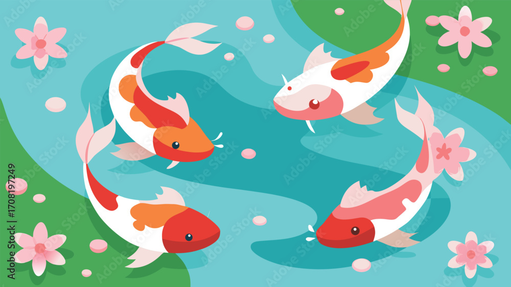 Fototapeta premium Serene japanese koi pond illustration with pink blossoms and bubbles scalable vector graphic