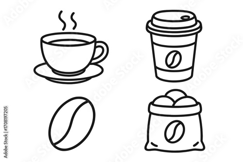 Coffee icon set in thin line style. Vector linear illustration of hot drink, cup to go, coffee bean, and sack. Outline graphic elements for cafe menu, website, mobile app.