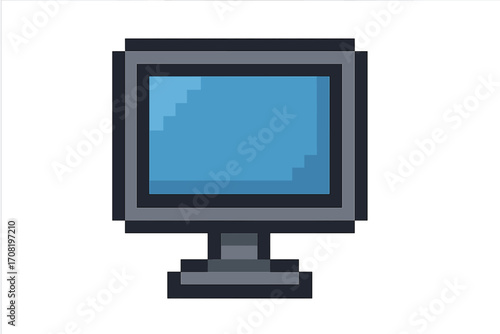 Pixel art computer monitor icon. Retro 8 bit video game asset. Vintage pc display screen symbol. Old digital technology equipment. Isolated vector graphic illustration.