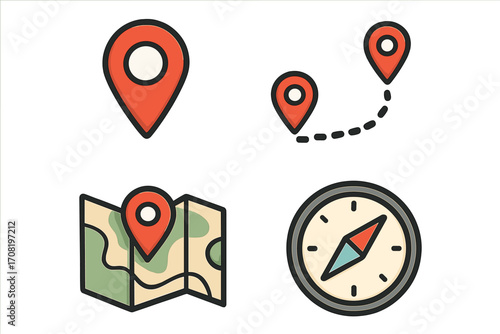 Location icon set. Map pin, pointer, marker. GPS navigation. Journey, travel, trip route. Destination, position, place. Compass for direction. Folded map. Tourism symbol.