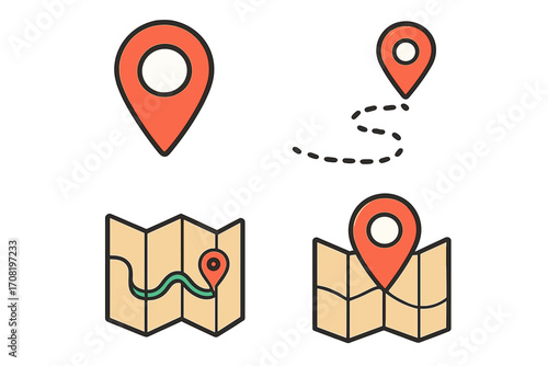 Set of location icons. Map pin symbol, journey route sign, and GPS destination marker. Vector cartoon illustration for travel, navigation, and finding a position on a map.