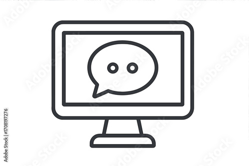 Computer monitor with chat bubble icon. Vector line art. Concept of online communication, customer support, messaging, social media, webinar, feedback, and dialogue.