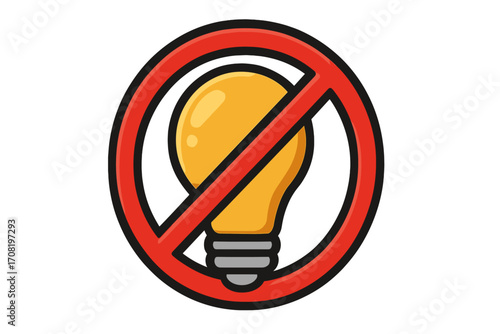 No idea concept. Forbidden light bulb icon. No electricity or power outage symbol. Creativity block or bad ideas metaphor. Canceled innovation or invention sign. Vector.