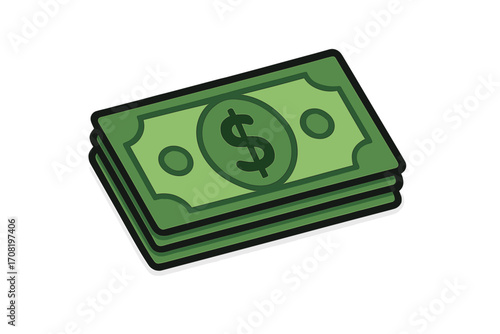Money stack vector icon. Pile of cash, dollar bills cartoon illustration. Finance symbol for wealth, investment, savings, banking, profit, and economy. Green banknotes for payment.