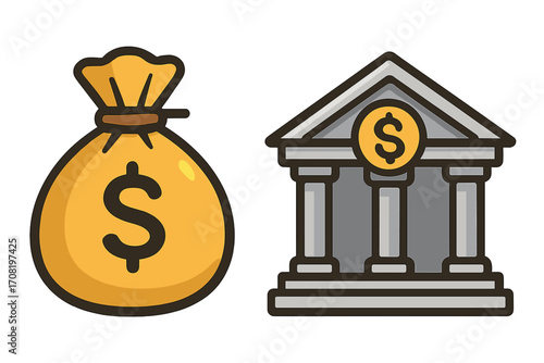 Money bag and bank building vector icon set. Cartoon illustration of financial symbols for banking, savings, investment, and loans. Dollar sign for currency, wealth, and economy.