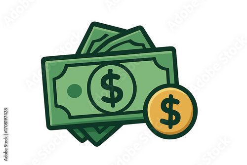 Money icon, finance symbol, cash sign. Vector cartoon illustration of dollar banknotes and coin. Financial concept for payment, savings, investment, salary, and economy.
