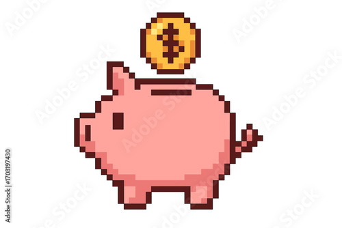 Piggy bank pixel art icon with dollar coin. 8-bit retro video game asset. Concept for savings, investment, finance, and economy. Vector graphic money box illustration.