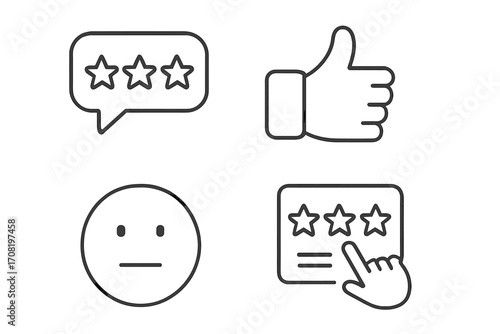 Customer review icon set. Feedback, rating stars, and thumb up. Client satisfaction survey concept. User experience linear symbols. Quality evaluation vector illustration.