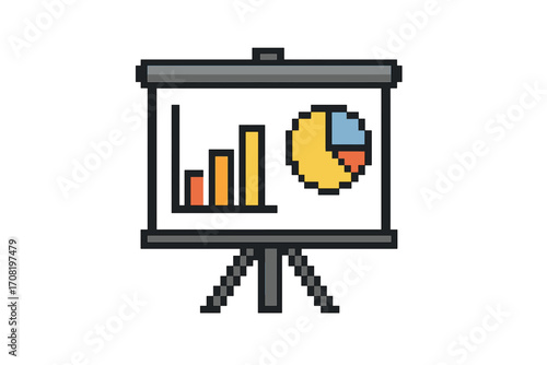 Pixel art presentation screen with charts. 8-bit business data visualization icon. Retro analytics graph and pie chart diagram. Infographic report on a board symbol.