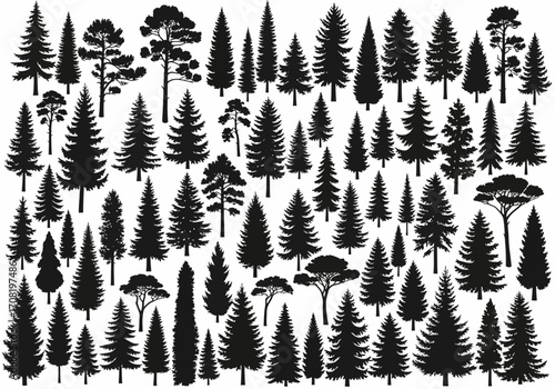 Vector art of a collection of various coniferous trees in silhouette, isolated on a, showcasing different species and shapes for design and illustration purposes