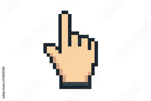 Pixel art hand cursor icon for navigation and selection. Retro 8-bit pointer for computer interface design. Vintage gaming style click symbol. Digital graphic element vector.