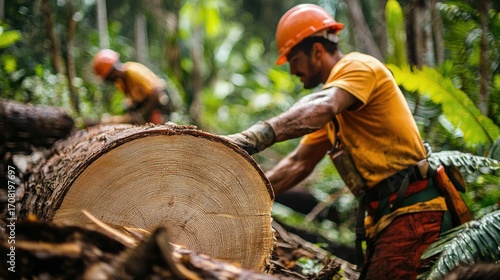 Two loggers in yellow shirts and orange hard hats working in a dense jungle setting. One logger is holding a large tree trunk while the other is standing
