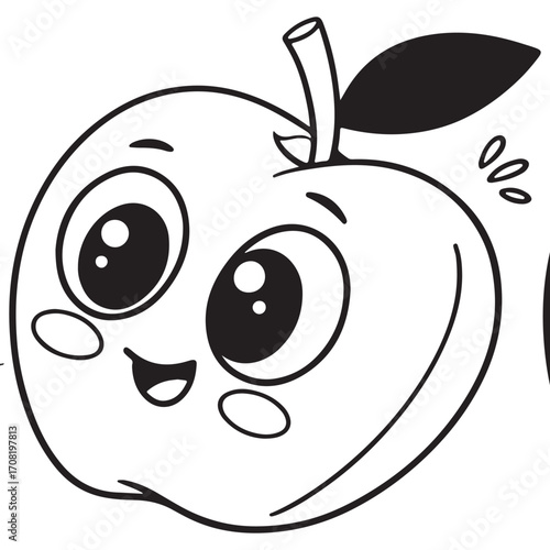 A cute apple with big eyes isolated on white background, radiating joy, innocence, and the simple pleasures of childhood in black and white