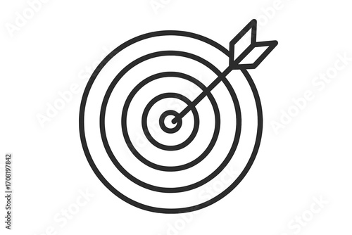 Target with arrow in the bullseye. Vector line icon for goal achievement and business success. Marketing strategy and focus concept. Accurate hit on dartboard. Aim, precision.
