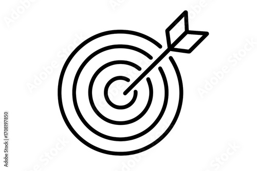 Target with arrow hitting the center bullseye. Business goal, success, and achievement concept. Metaphor for accuracy, mission, marketing strategy, and focus. Vector icon.