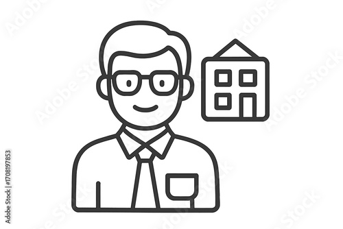 Real estate agent icon. Realtor character. Property broker with house symbol. Home ownership, mortgage loan, and investment concept. Businessman line art vector illustration.