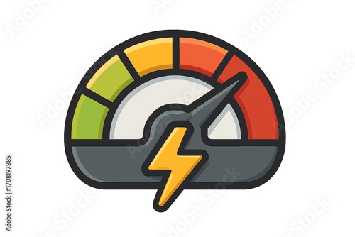 Speedometer icon concept. Performance meter with high level. Fast speed power symbol. Risk gauge indicator for dashboard. Energy and electricity sign. Vector cartoon.
