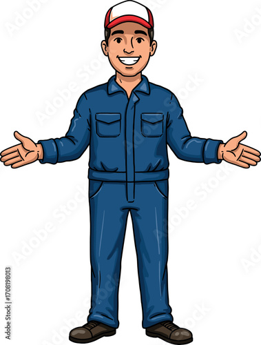 A friendly mechanic standing and showing his welcome gesture