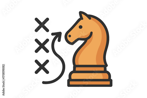 Strategy icon with chess knight. Business tactic and solution concept. Strategic planning for goal achievement. Finding a creative path and problem solving. Vector horse.
