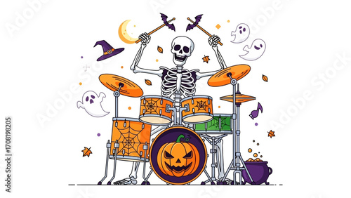 Halloween Drummer's Gig: A spooky skeleton drummer plays a vibrant drum set during Halloween, framed with a vibrant blend of Halloween elements, and captures the eerie charm of the celebration.