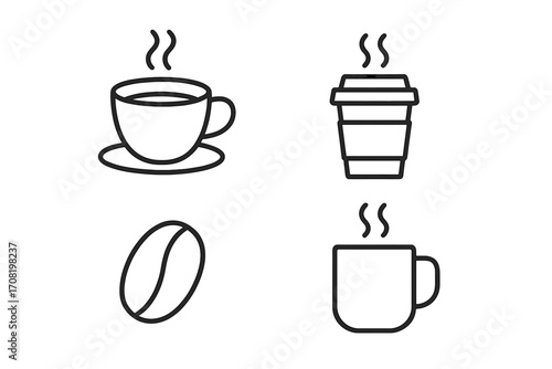 Coffee icon set vector line art. Hot drink symbols for cafe menu, apps and web. Cup, mug, to-go paper cup and coffee bean illustration. Minimalist outline graphic element.