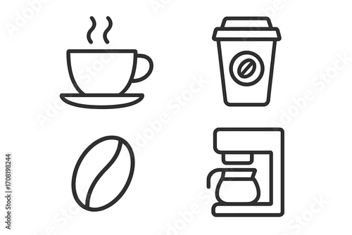 Coffee icon set vector line art. Simple outline symbols of a coffee cup, bean, takeaway paper cup, and coffee maker. Isolated elements for cafe menu, app, or web design.
